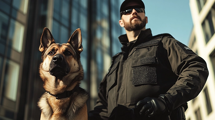 Qualified dog handler from GRAD Sécurité with guard dog